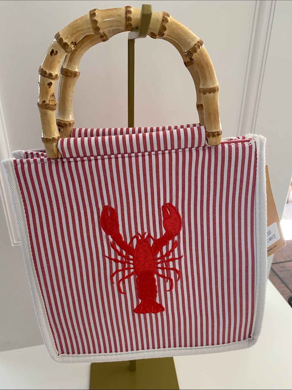 Tommy Bahama Red and White Striped Lobster Tote with Bamboo Handles